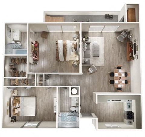 Floor plan for 2 beds, 2 baths, 955 sqft